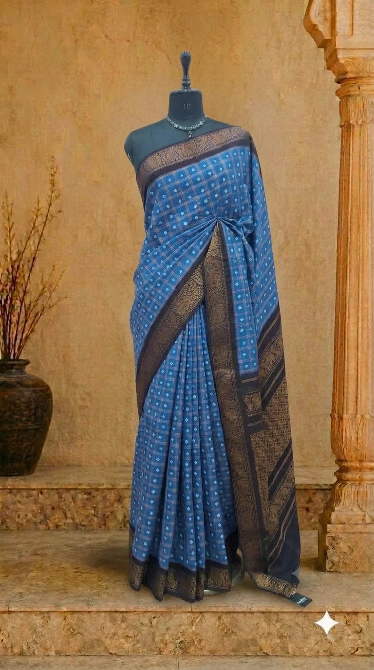 Ocean Blue Kaikattu Sungudi Handloom Cotton Saree