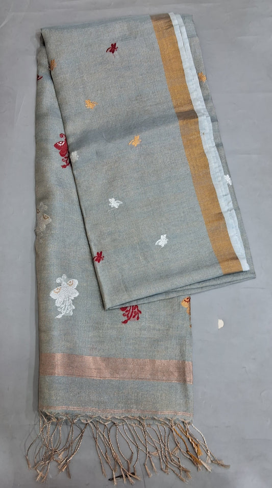 Pale Grey Yellow Tissue Linen Saree