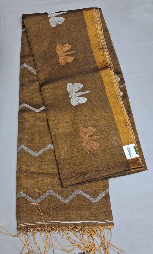 Dark Olive Green Tissue Linen Saree