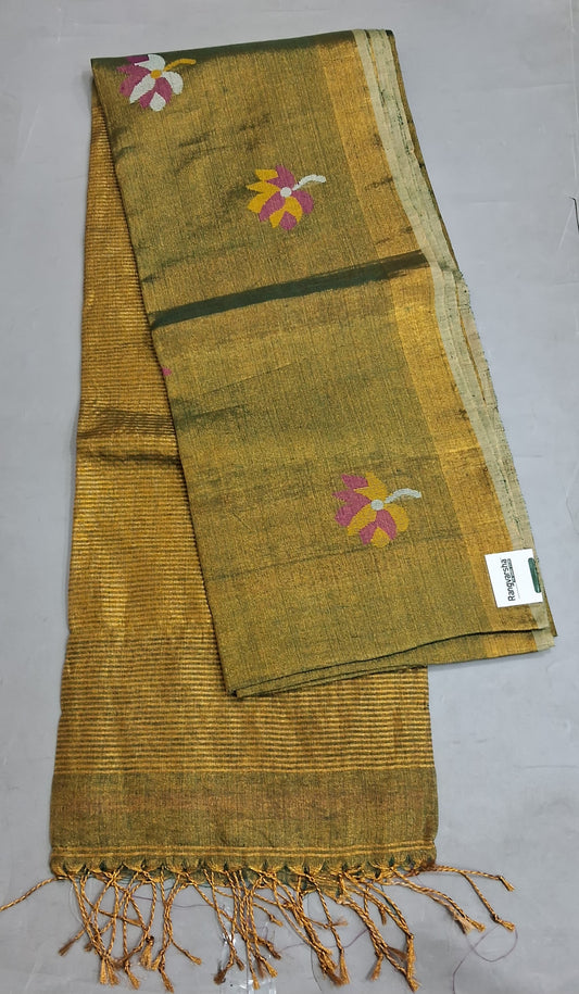 Olive green dual shade Tissue Linen Saree