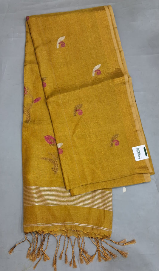 Mustard Yellow Tissue Linen Saree
