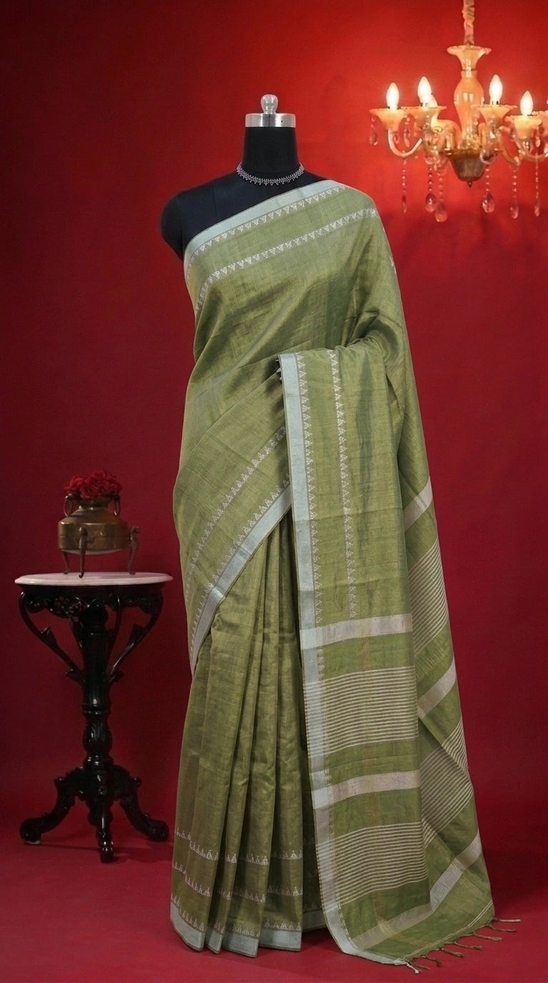 Olive green Khadhi Tissue Plain Linen Saree 