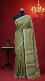 Olive green Khadhi Tissue Plain Linen Saree 
