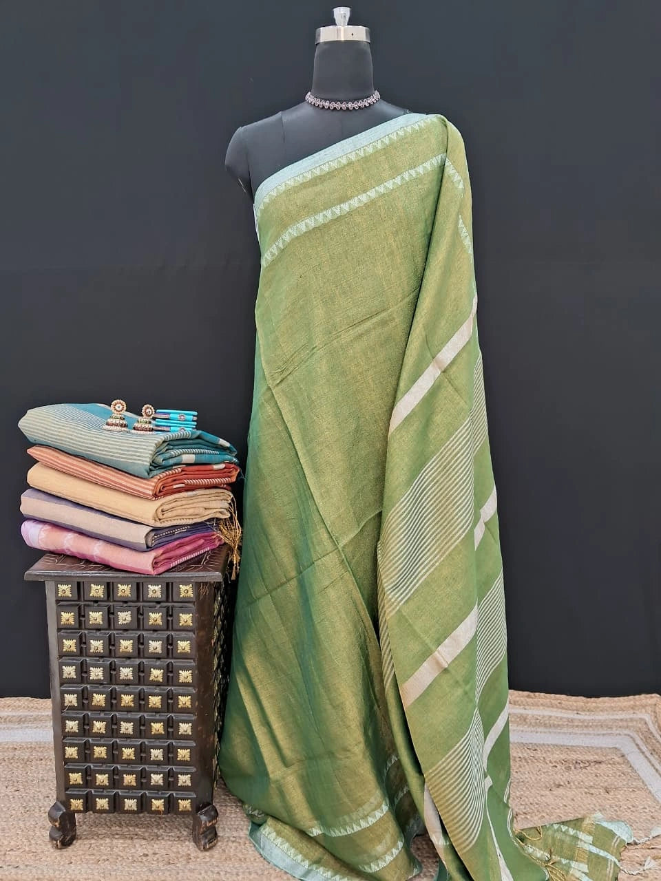 Olive green Khadhi Tissue Plain Linen Saree 