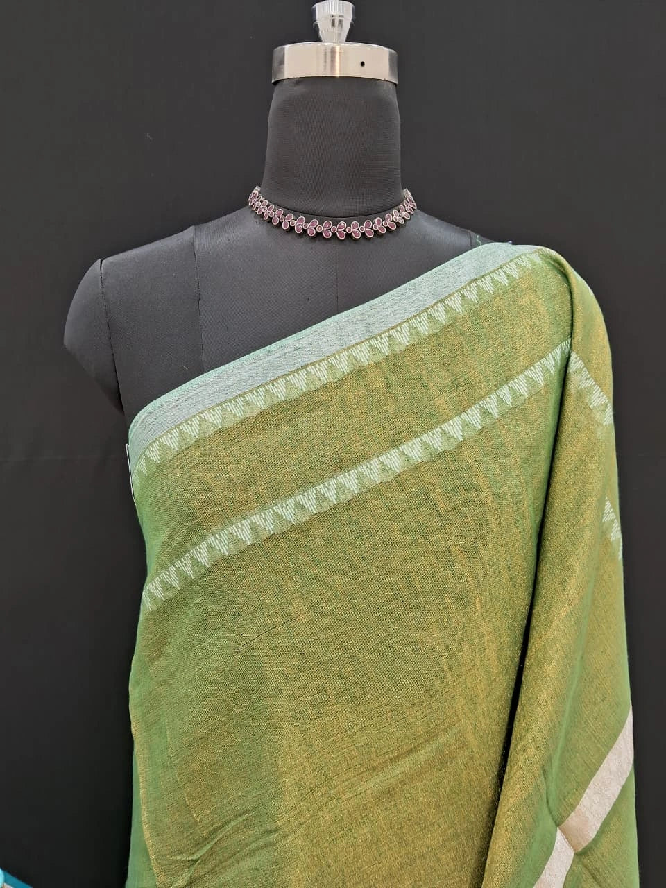 Olive green Khadhi Tissue Plain Linen Saree 1
