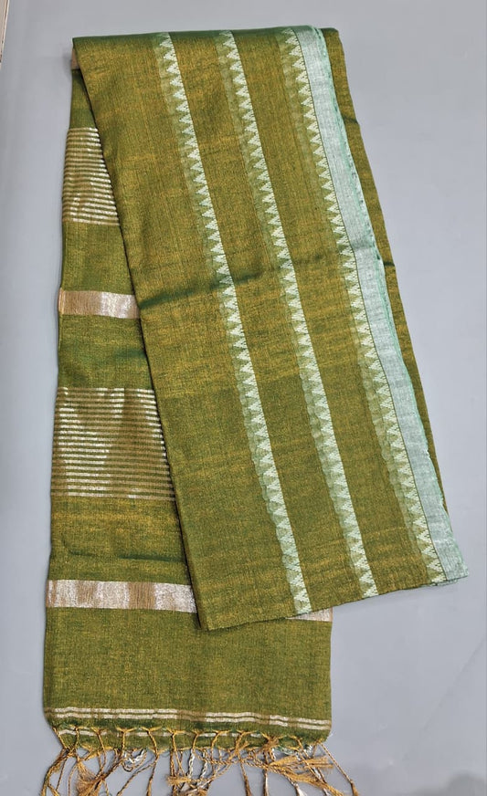 Olive green Khadhi Tissue Plain Linen Saree 