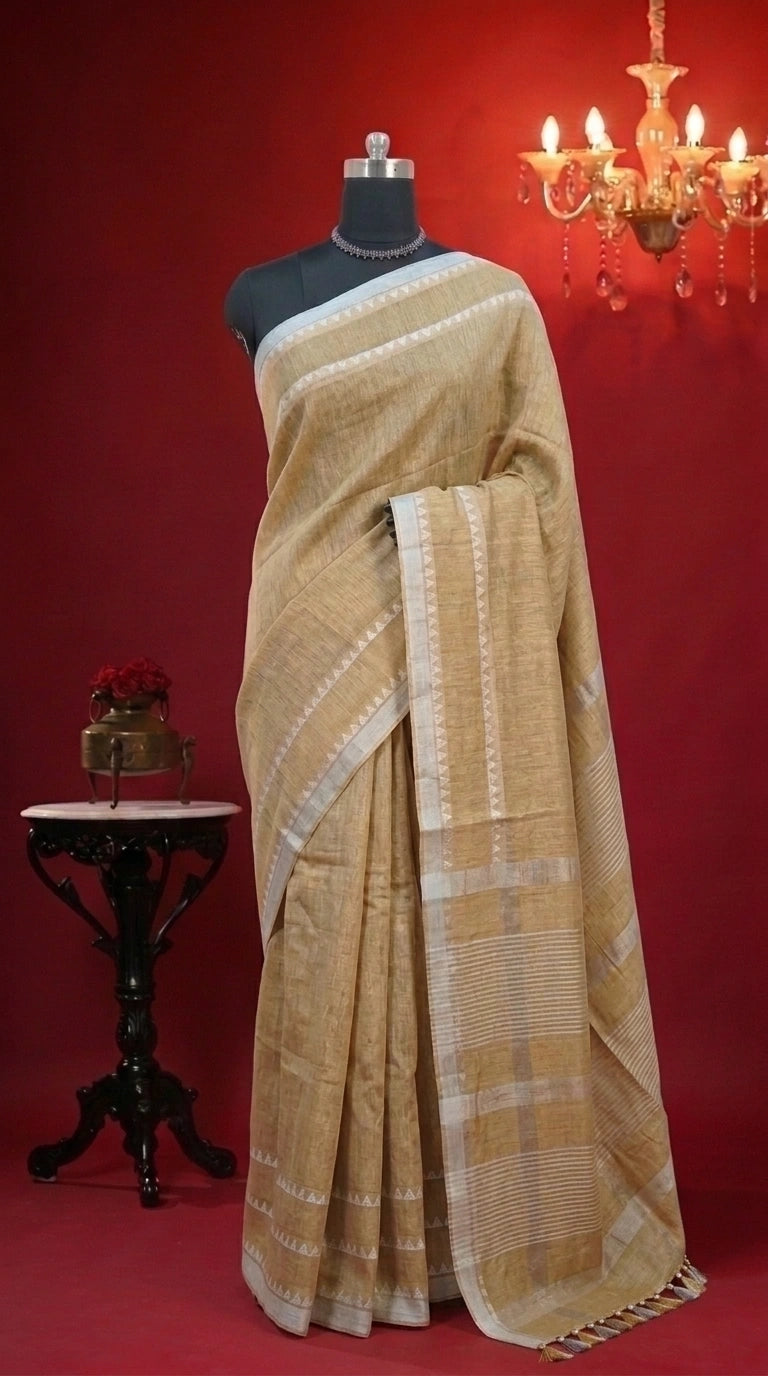 Beige Khadhi Tissue Plain Linen Saree 