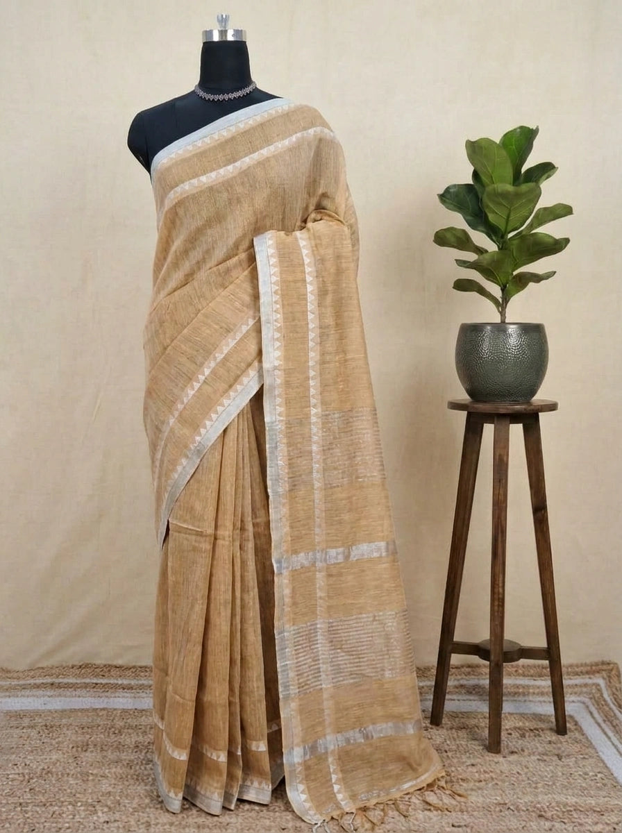Beige Khadhi Tissue Plain Linen Saree