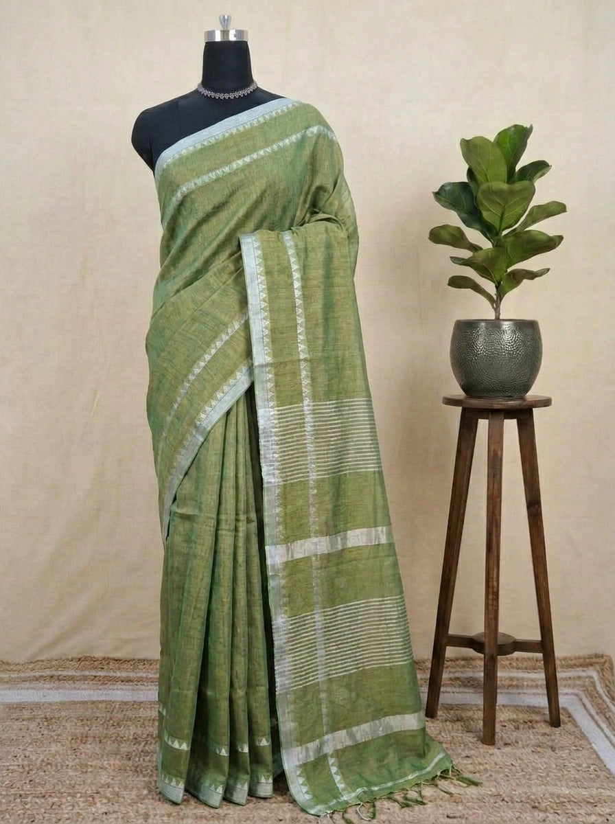 Olive green Khadhi Tissue Plain Linen Saree