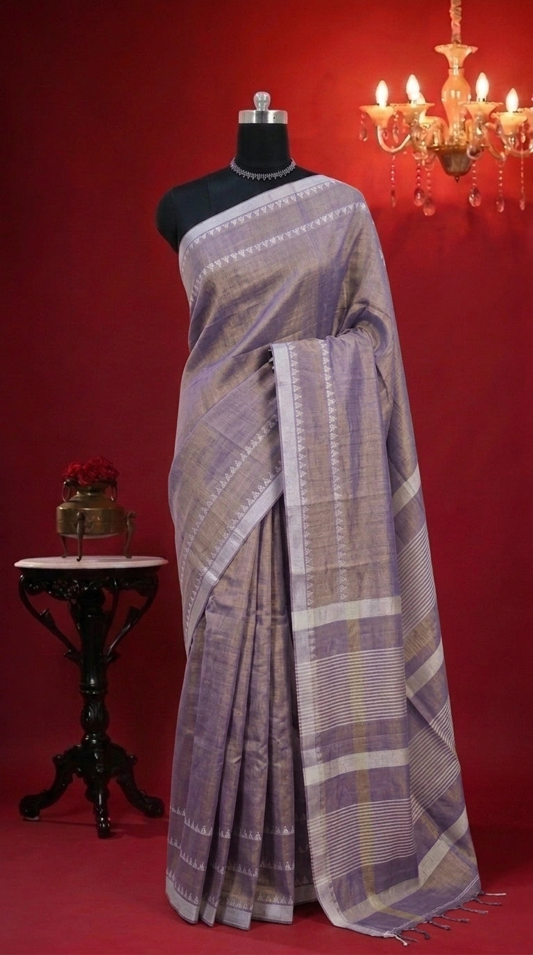 Bronze tone Purple Khadhi Tissue Plain Linen Saree 