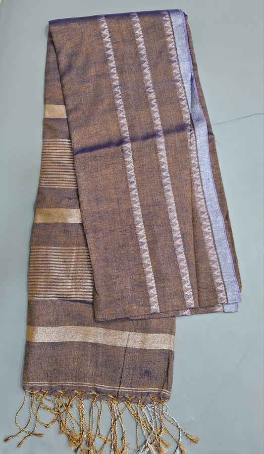 Bronze tone Purple Khadhi Tissue Plain Linen Saree 
