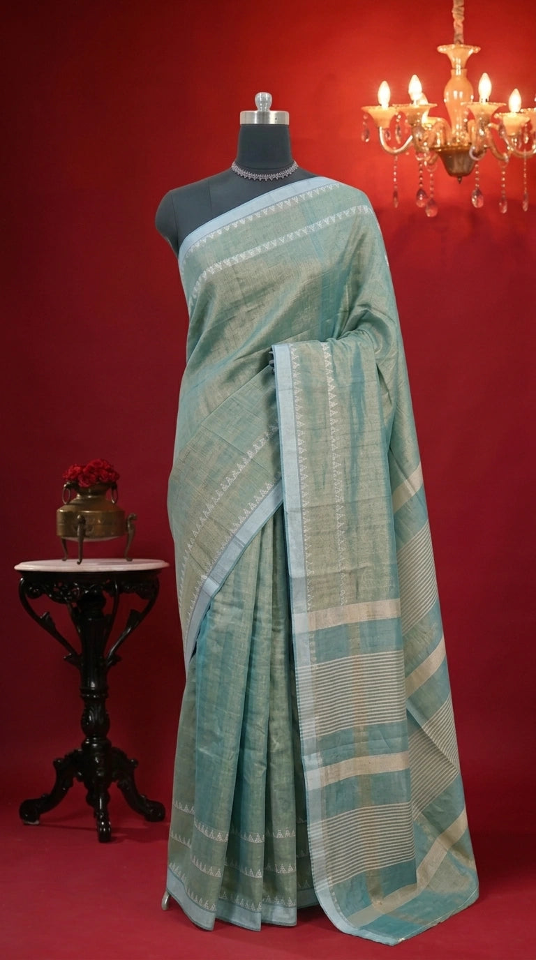 Seafoam Green Khadi Tissue Linen Saree 