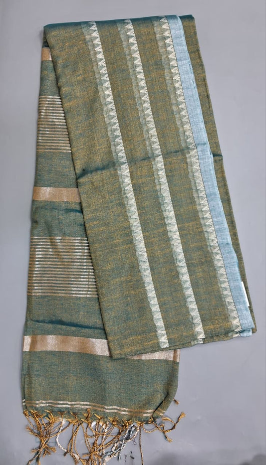 Seafoam Green Khadi Tissue Linen Saree