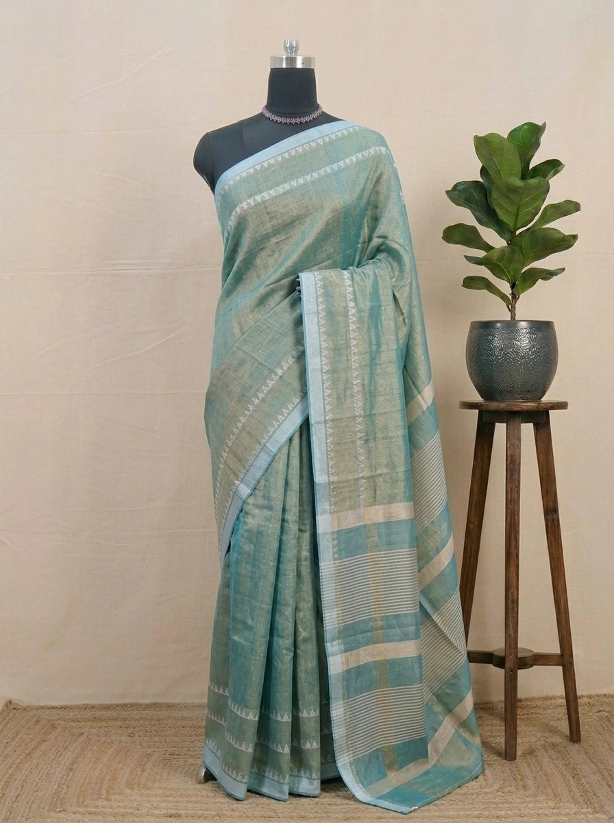 Seafoam Green Khadi Tissue Linen Saree 