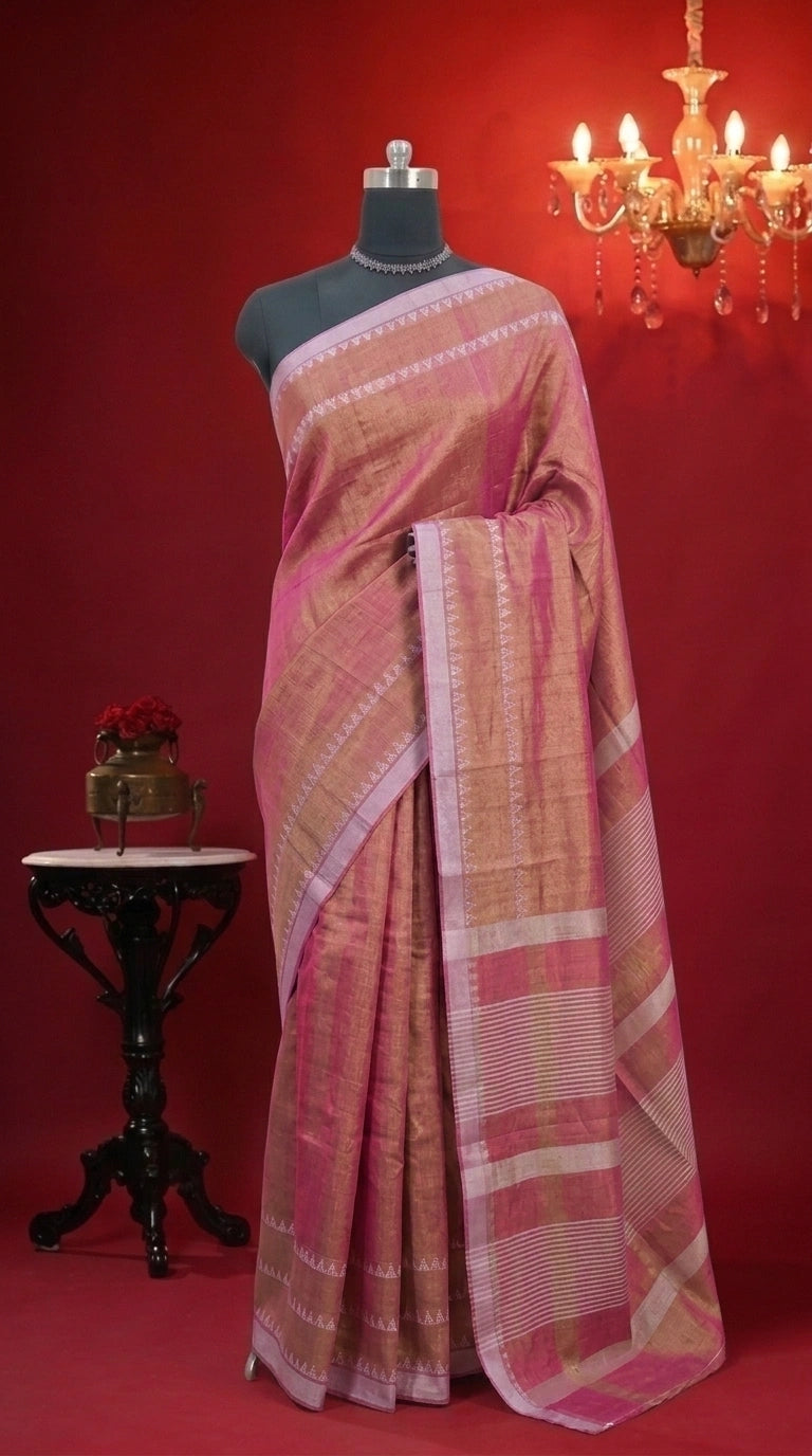 Peachish Brown Khadi Tissue Linen Saree