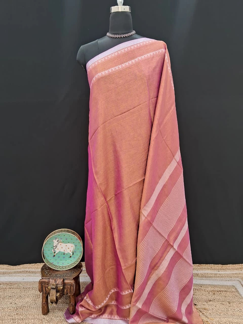 Peachish Brown Khadi Tissue Linen Saree