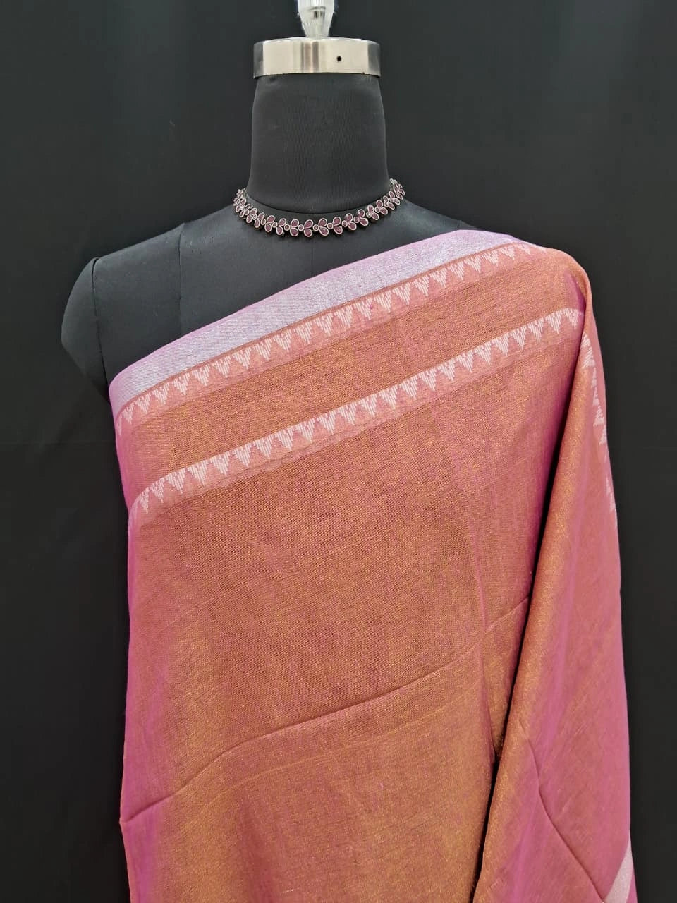 Peachish Brown Khadi Tissue Linen Saree 1