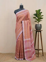 Peachish Brown Khadi Tissue Linen Saree