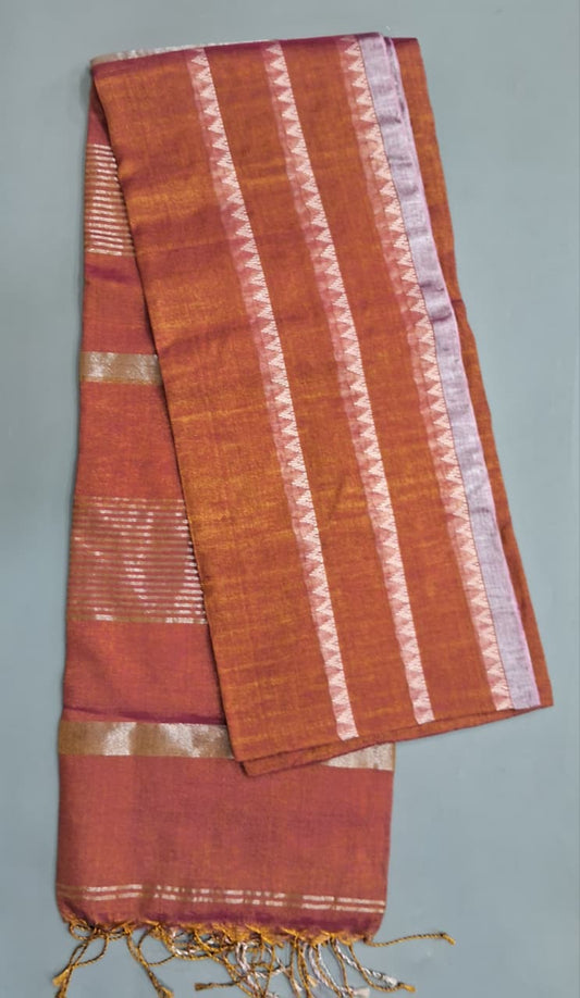 Peachish Brown Khadi Tissue Linen Saree