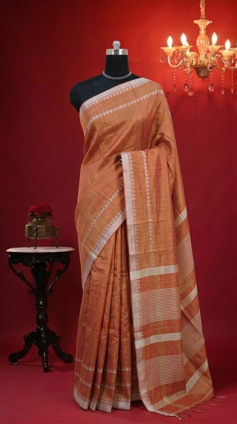 Metallic Orange Khadi Tissue Linen Saree 
