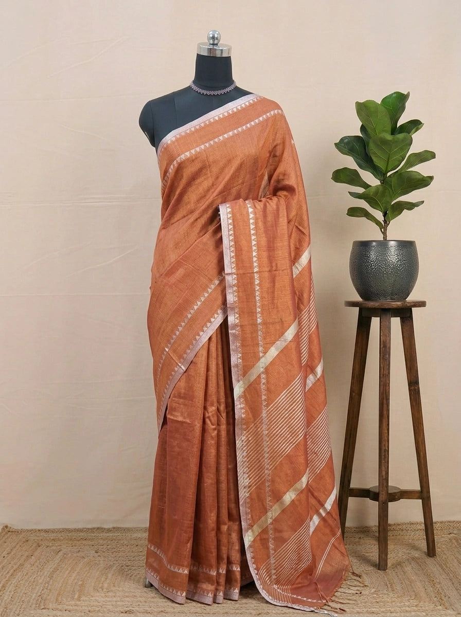 Metallic Orange Khadi Tissue Linen Saree 