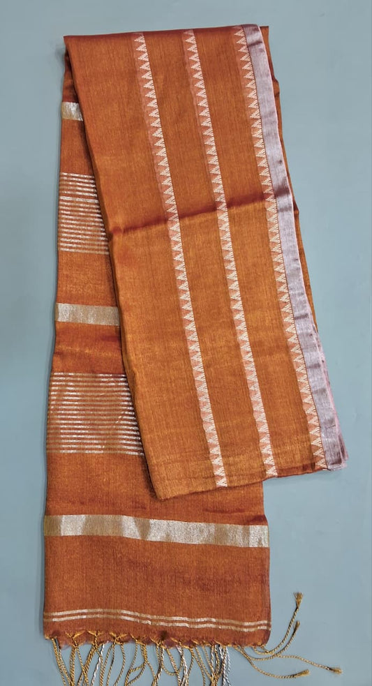 Metallic Orange Khadi Tissue Linen Saree 