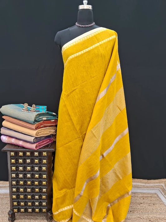 Yellow Khadi Tissue Linen Saree 