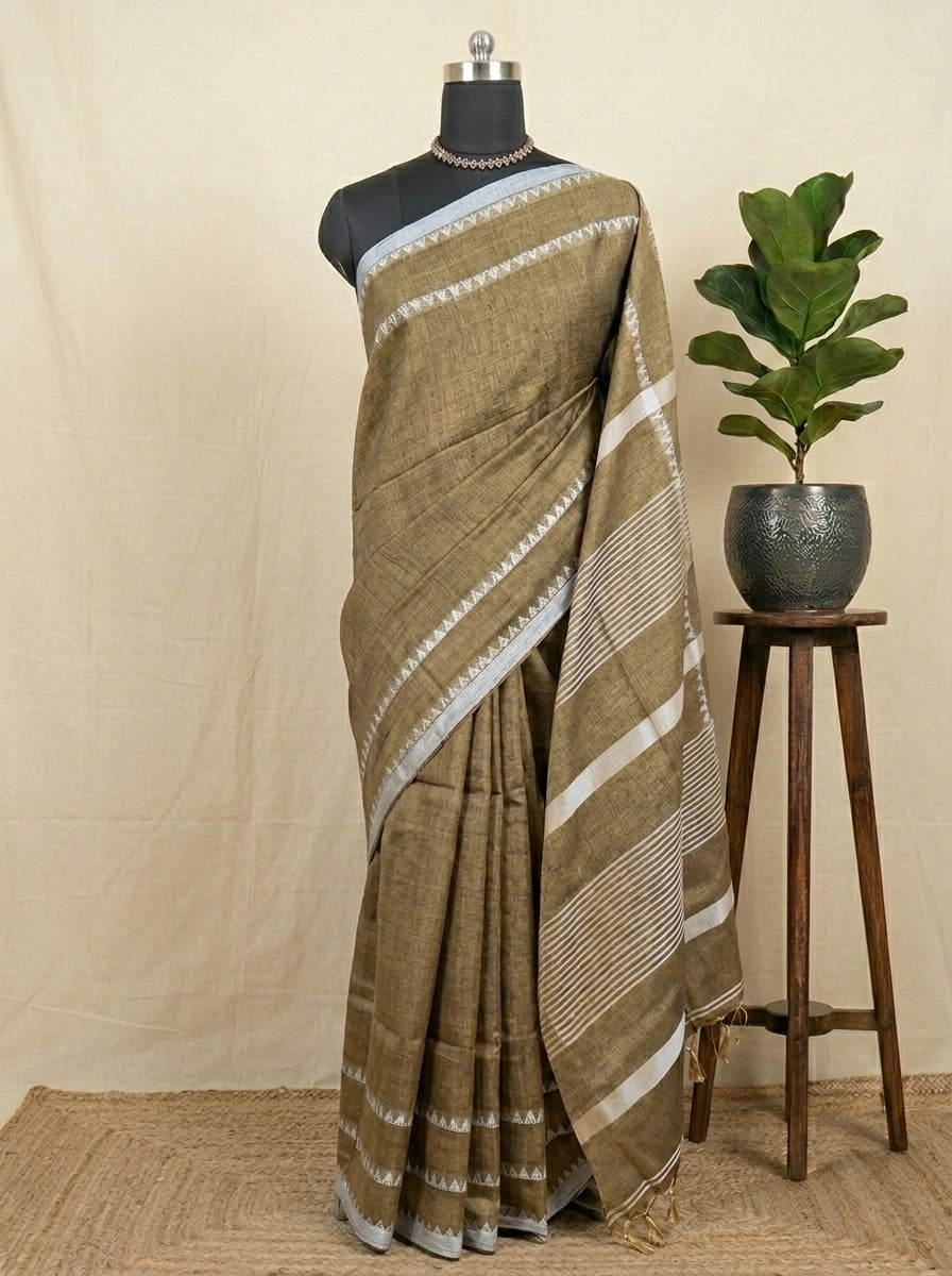 Metallic Brown Khadi Tissue Linen Saree 