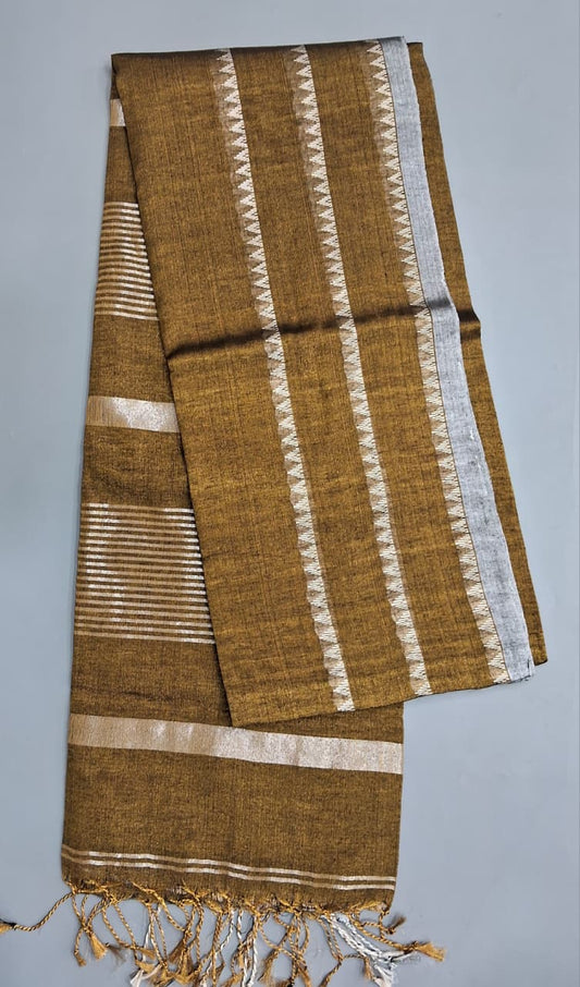 Metallic Brown Khadi Tissue Linen Saree 