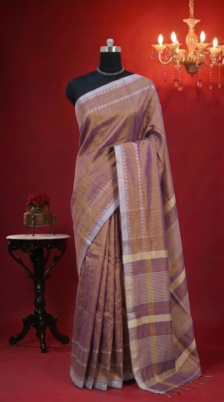 Bronze tone Khadhi Tissue Plain Linen Saree