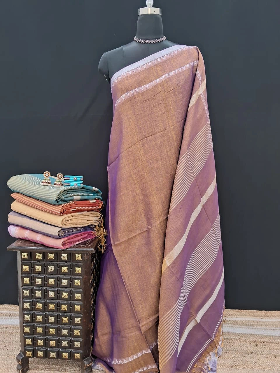 Bronze tone Khadhi Tissue Plain Linen Saree 