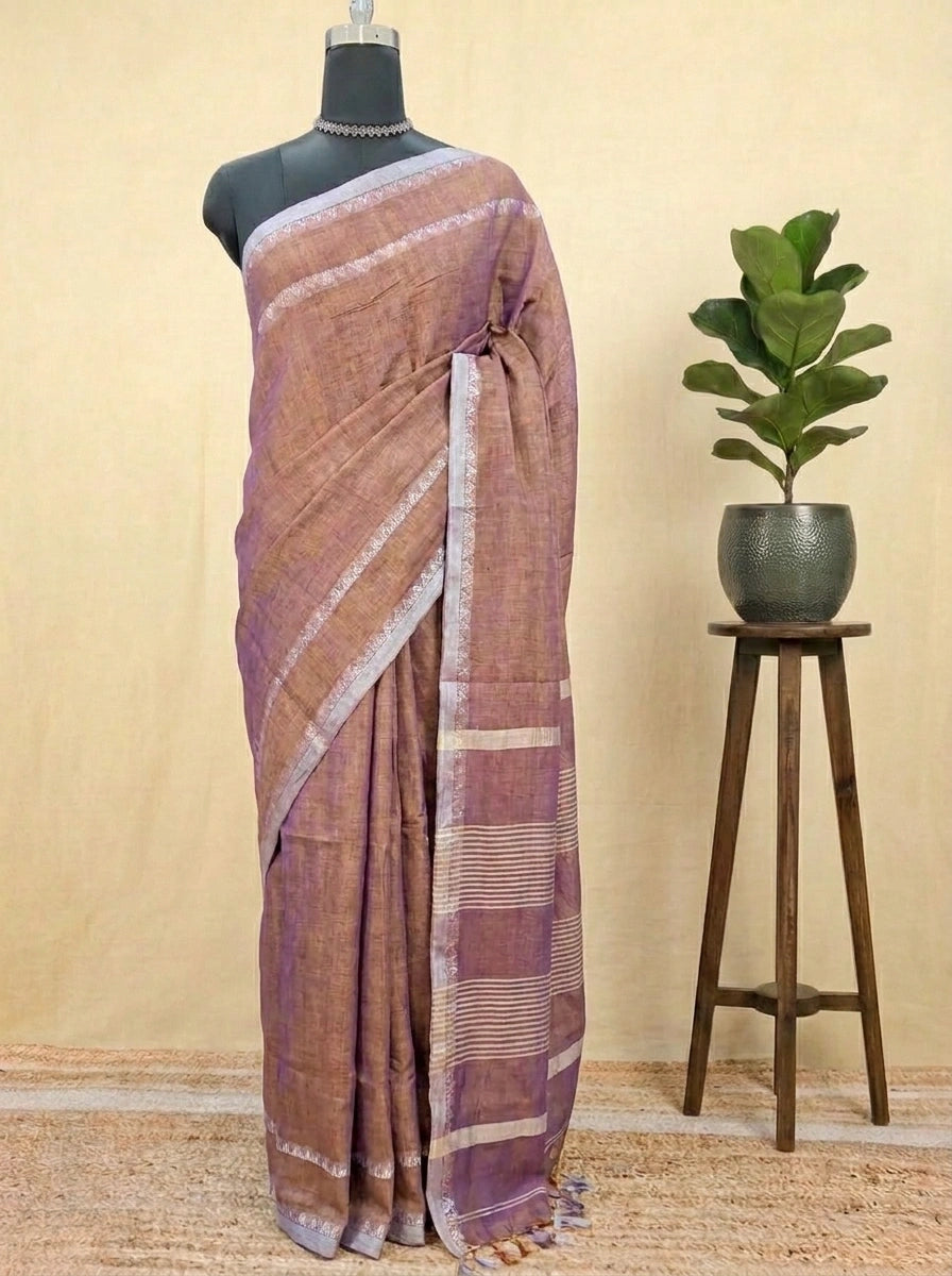 Bronze tone Khadhi Tissue Plain Linen Saree