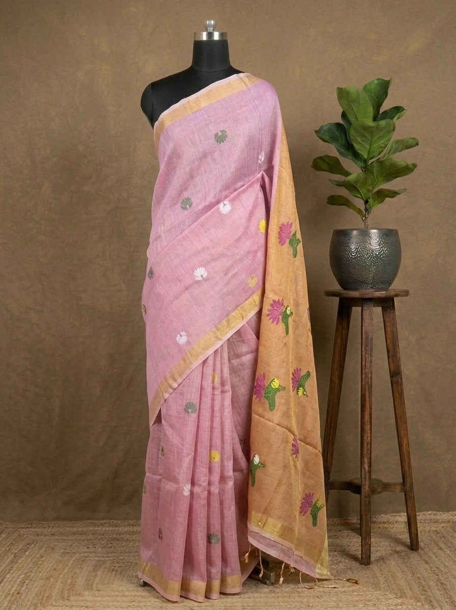 Baby Pink Tissue Linen Saree