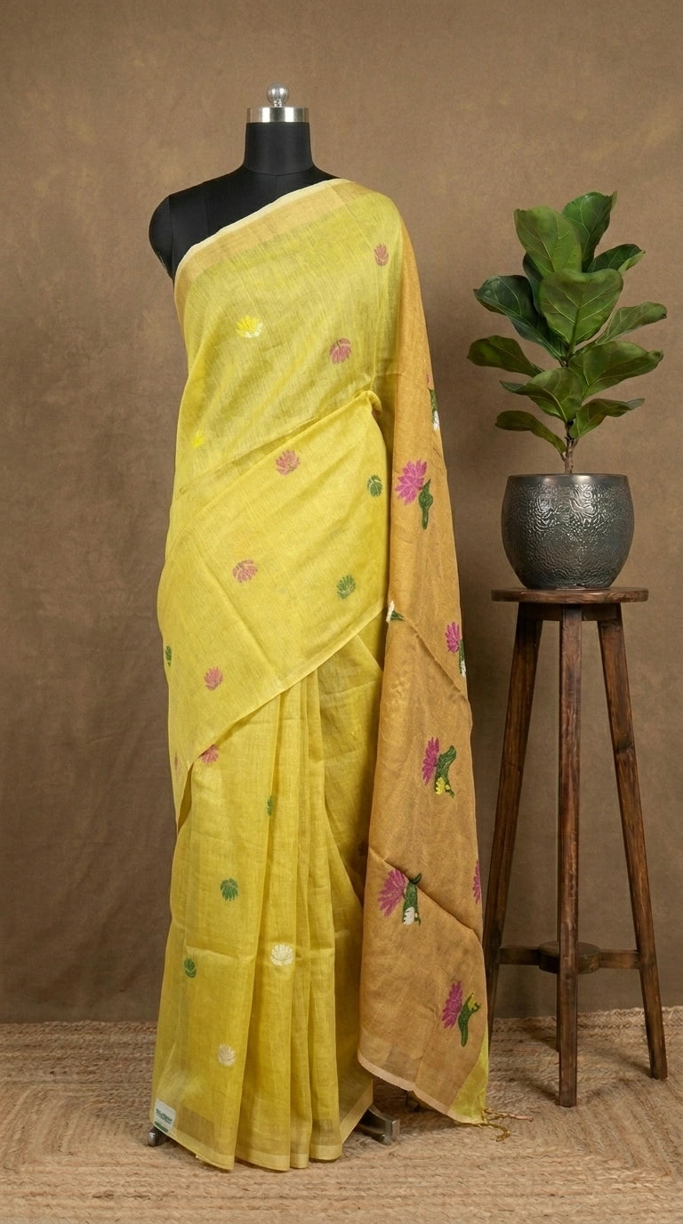 Lemon Yellow Tissue Linen Saree
