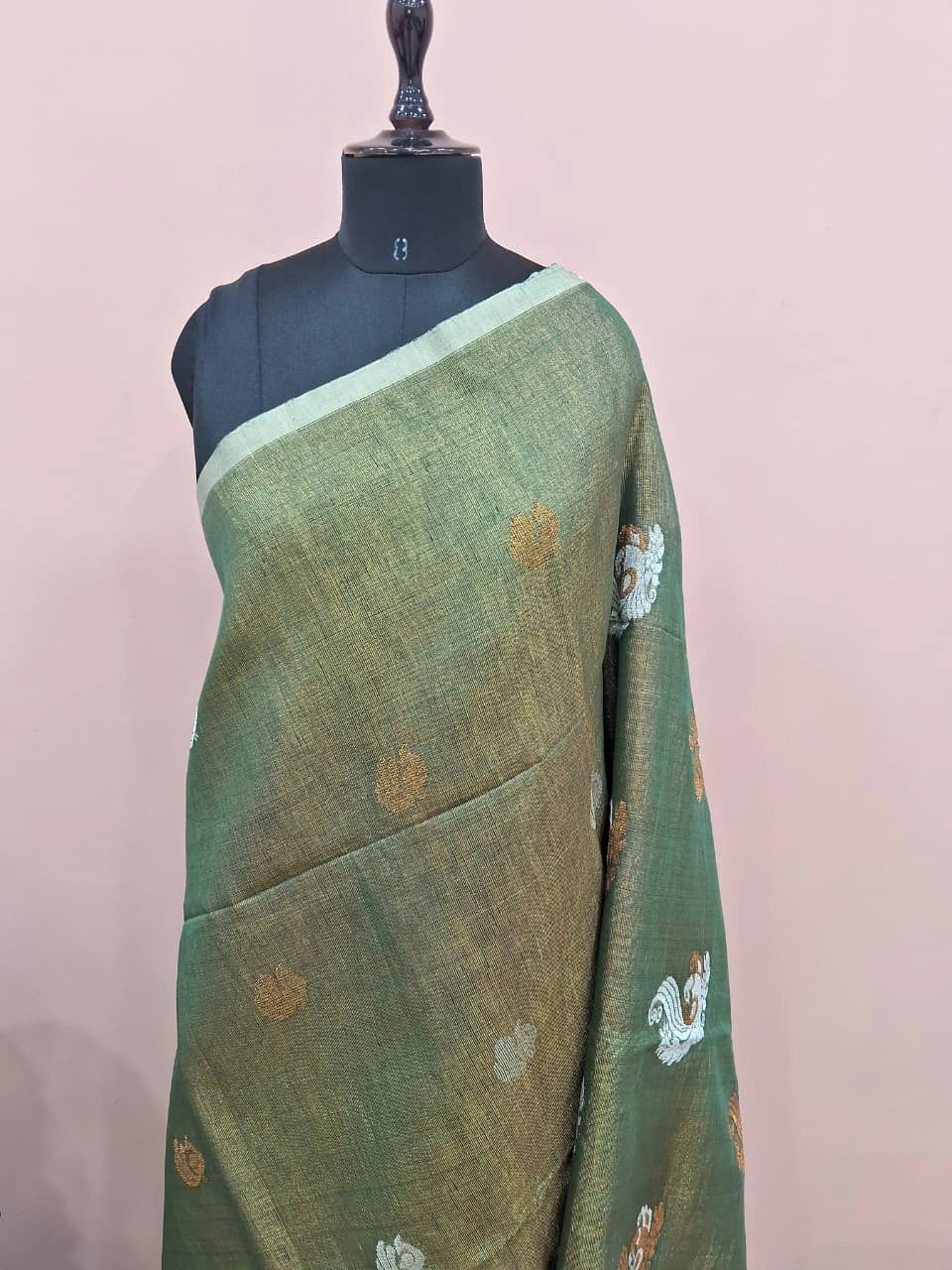 Green Tissue Linen Saree 1