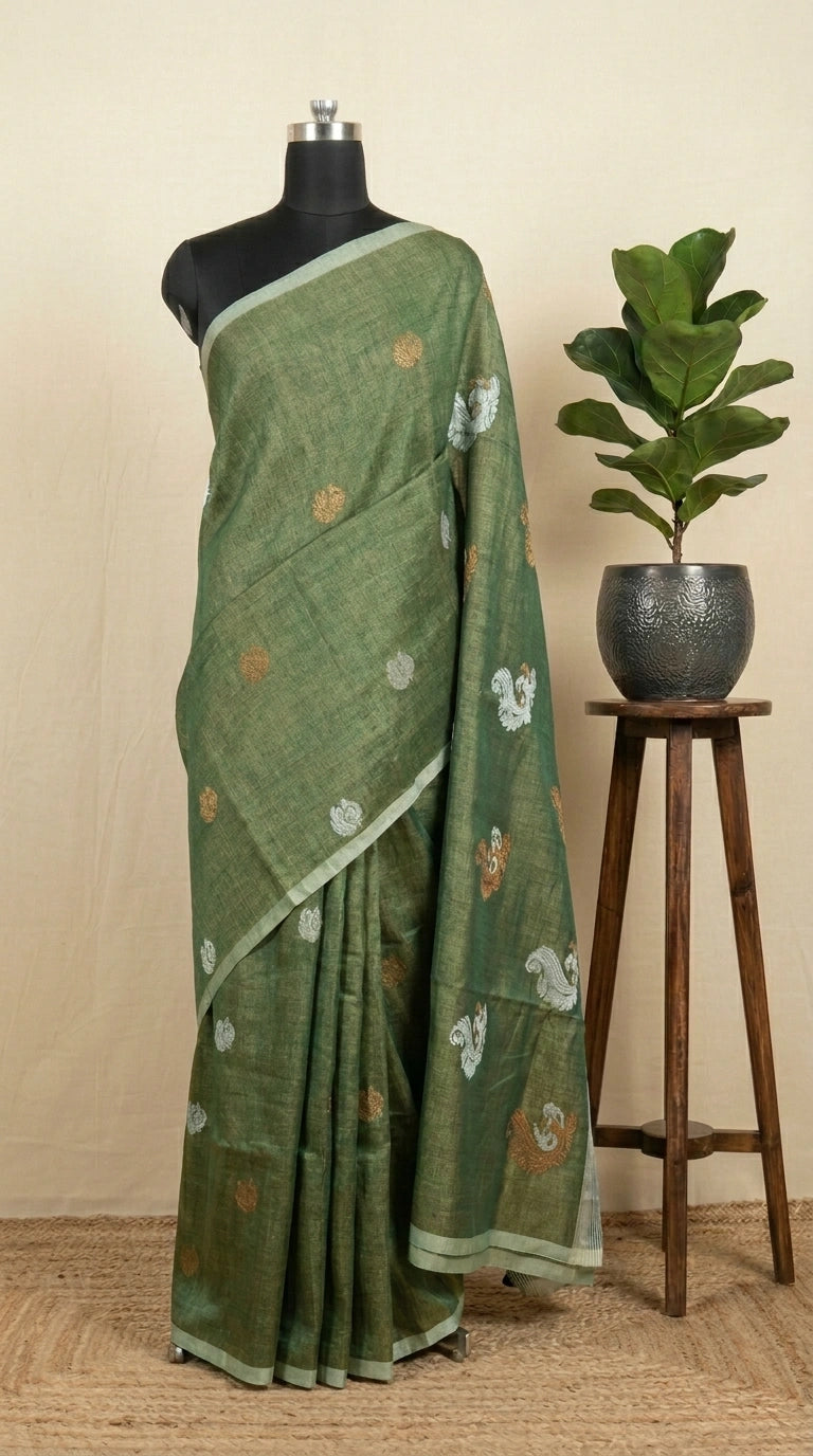 Green Tissue Linen Saree 