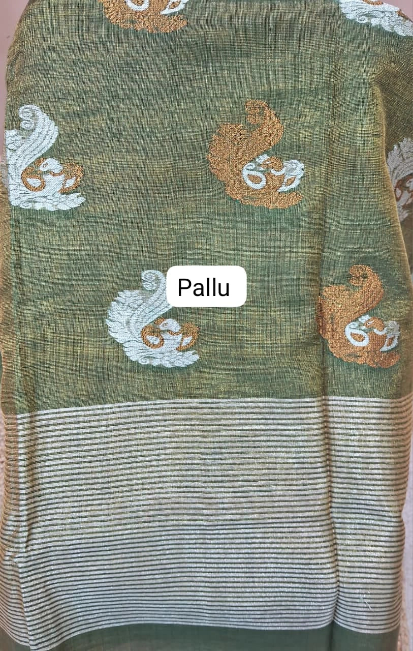 Green Tissue Linen Saree Pallu