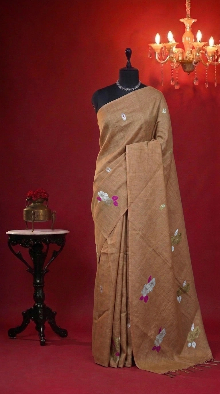 Sand Brown Tissue Linen Saree
