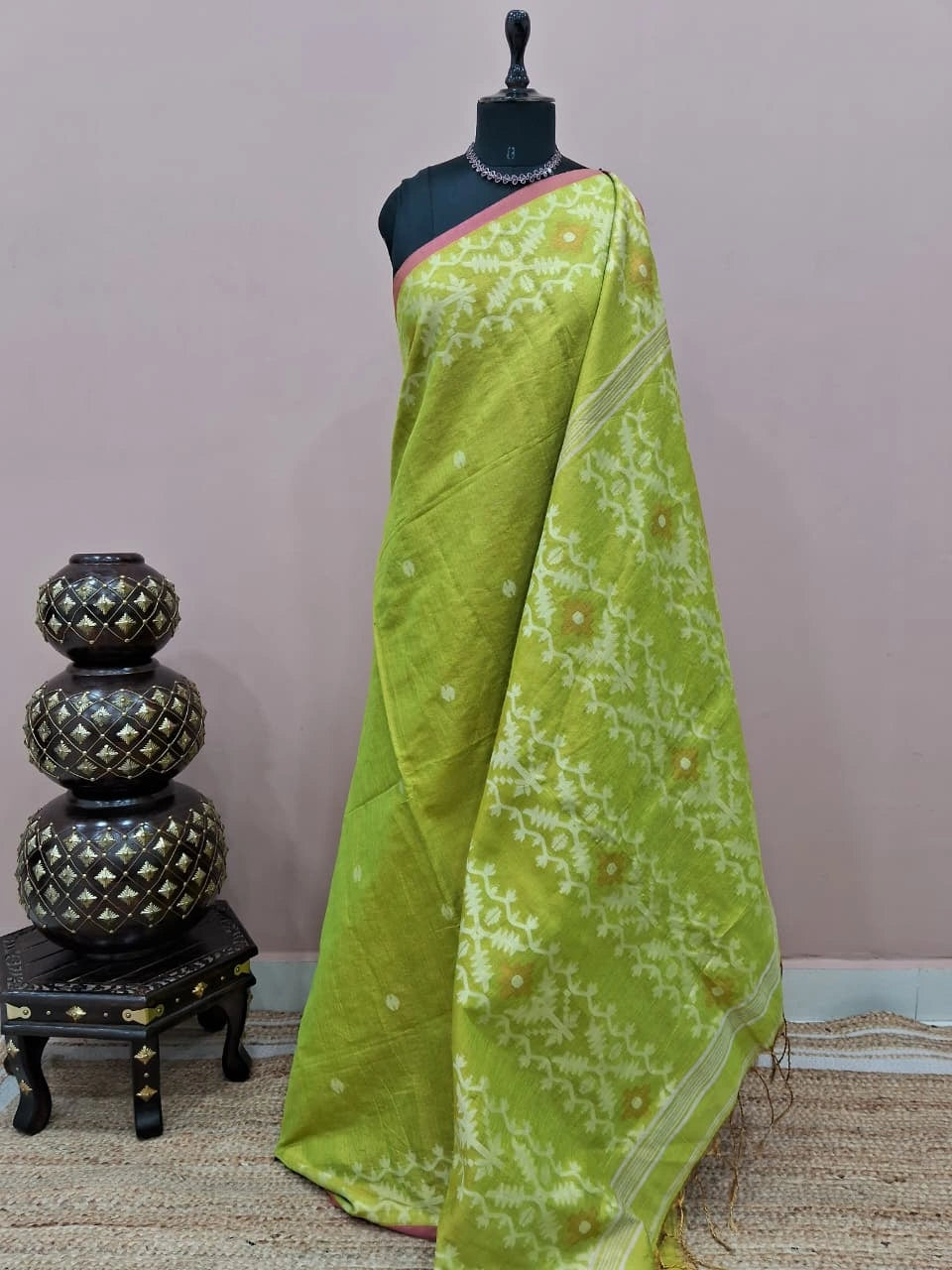 Parrot Green Tissue Linen Saree