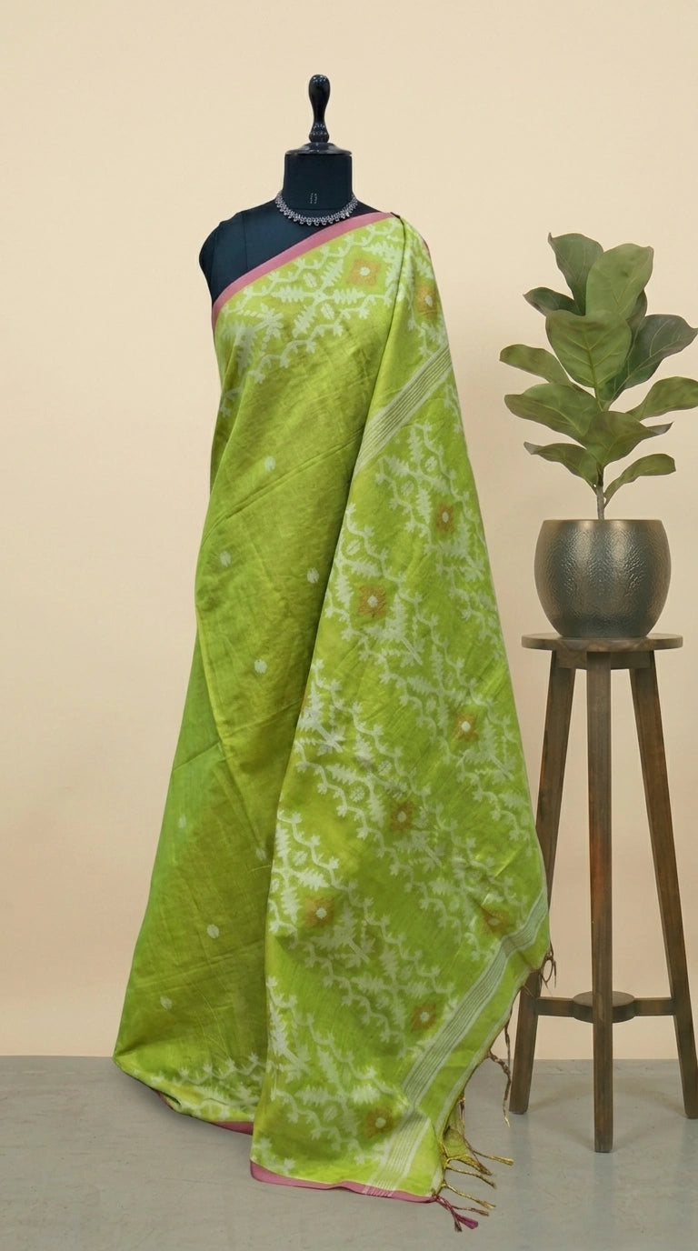 Parrot Green Tissue Linen Saree