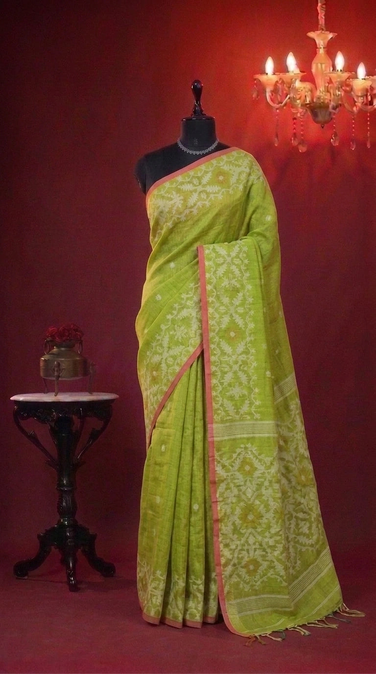 Parrot Green Tissue Linen Saree