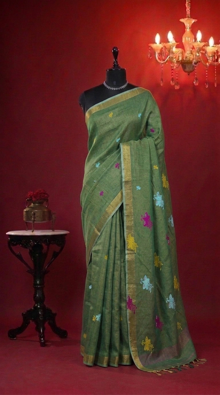 Green Tissue Organic Linen Saree