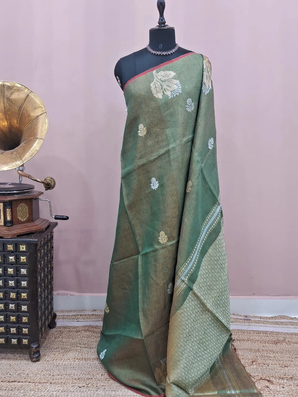 Metallic Green Tissue Organic Linen Saree