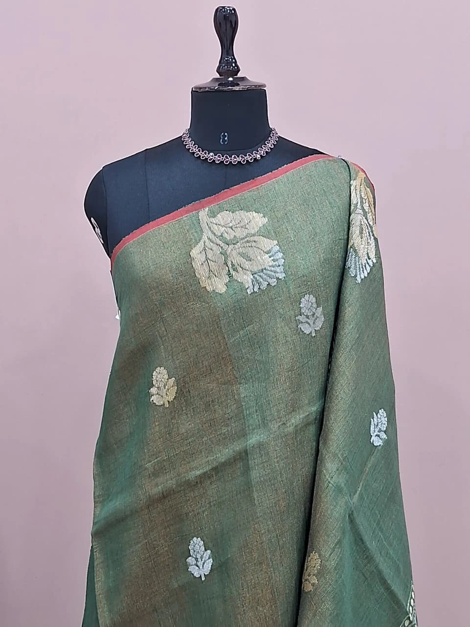 Metallic Green Tissue Organic Linen Saree 1