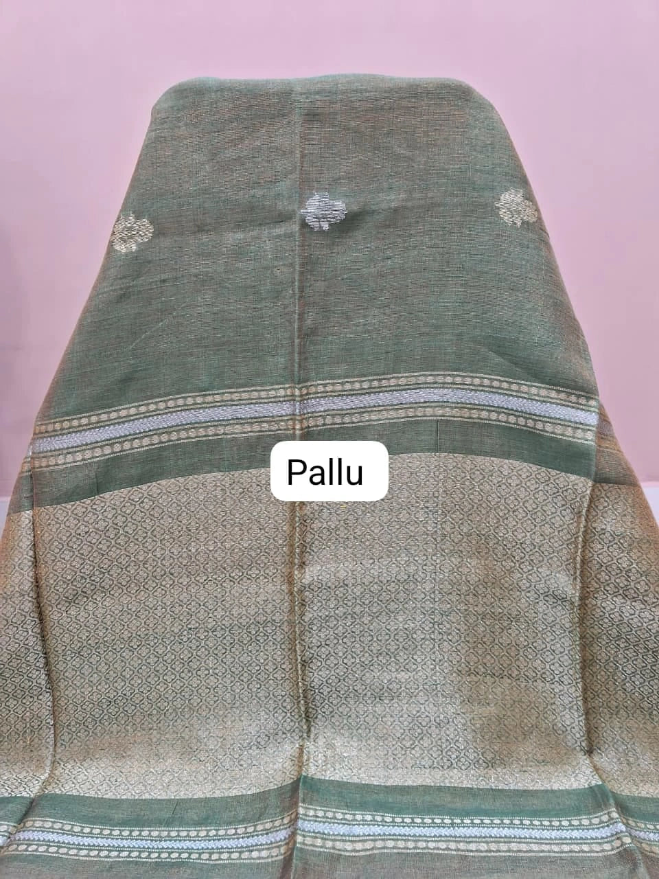 Metallic Green Tissue Organic Linen Saree Pallu