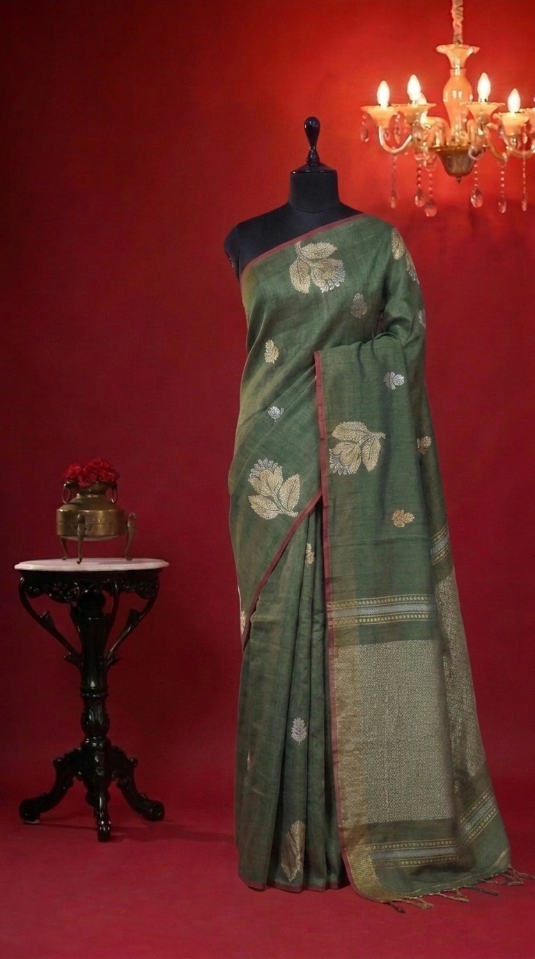 Metallic Green Tissue Organic Linen Saree