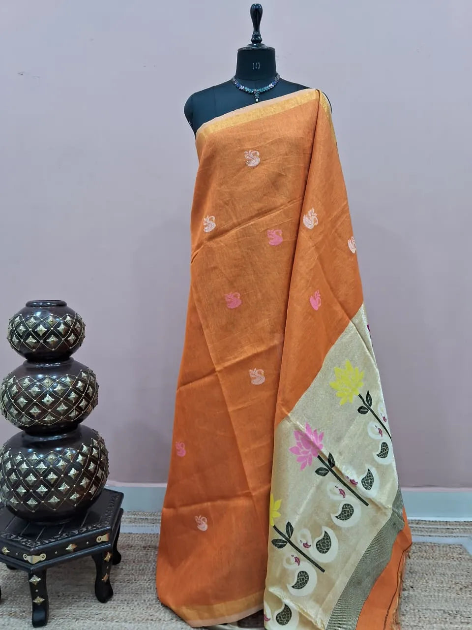 Orange Tissue Linen Saree