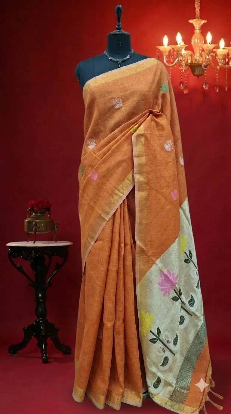 Orange Tissue Linen Saree