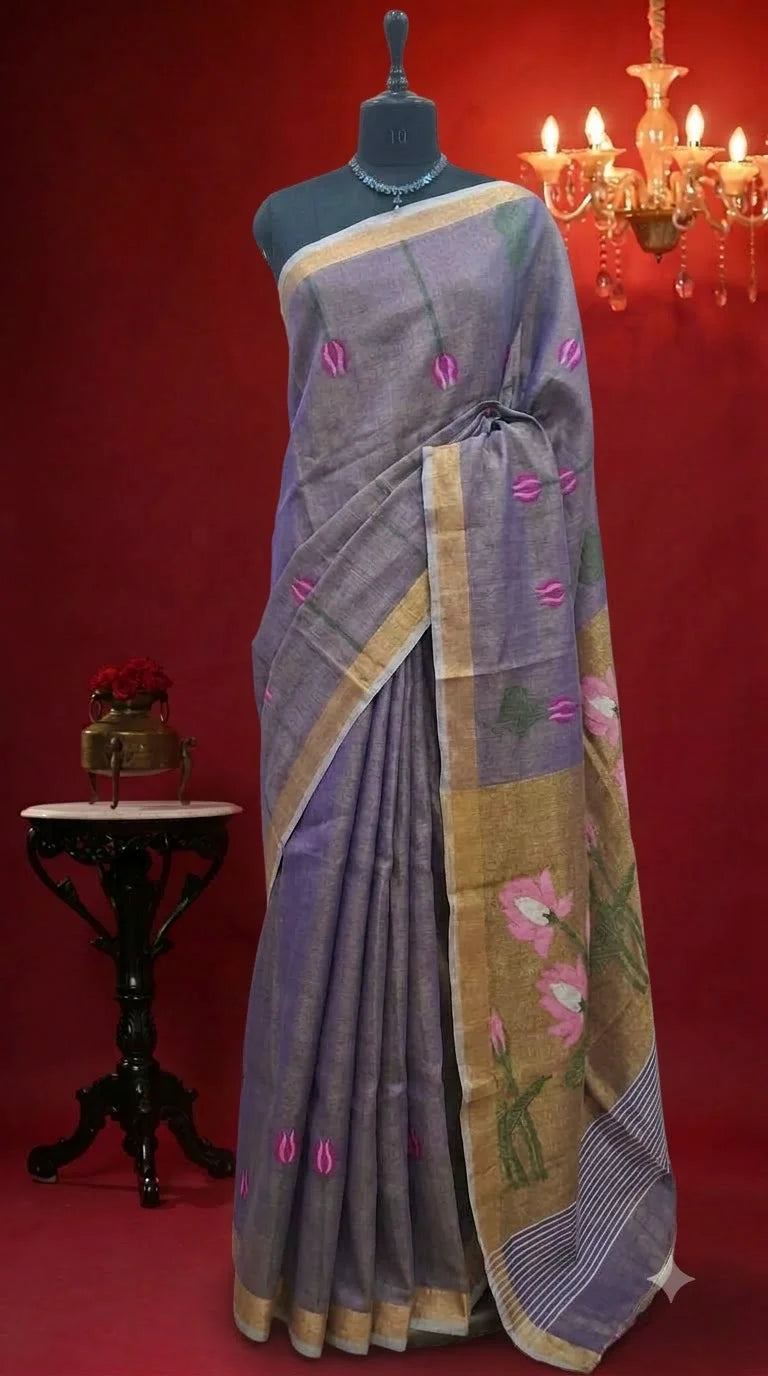 Lavender Tissue Linen Saree 
