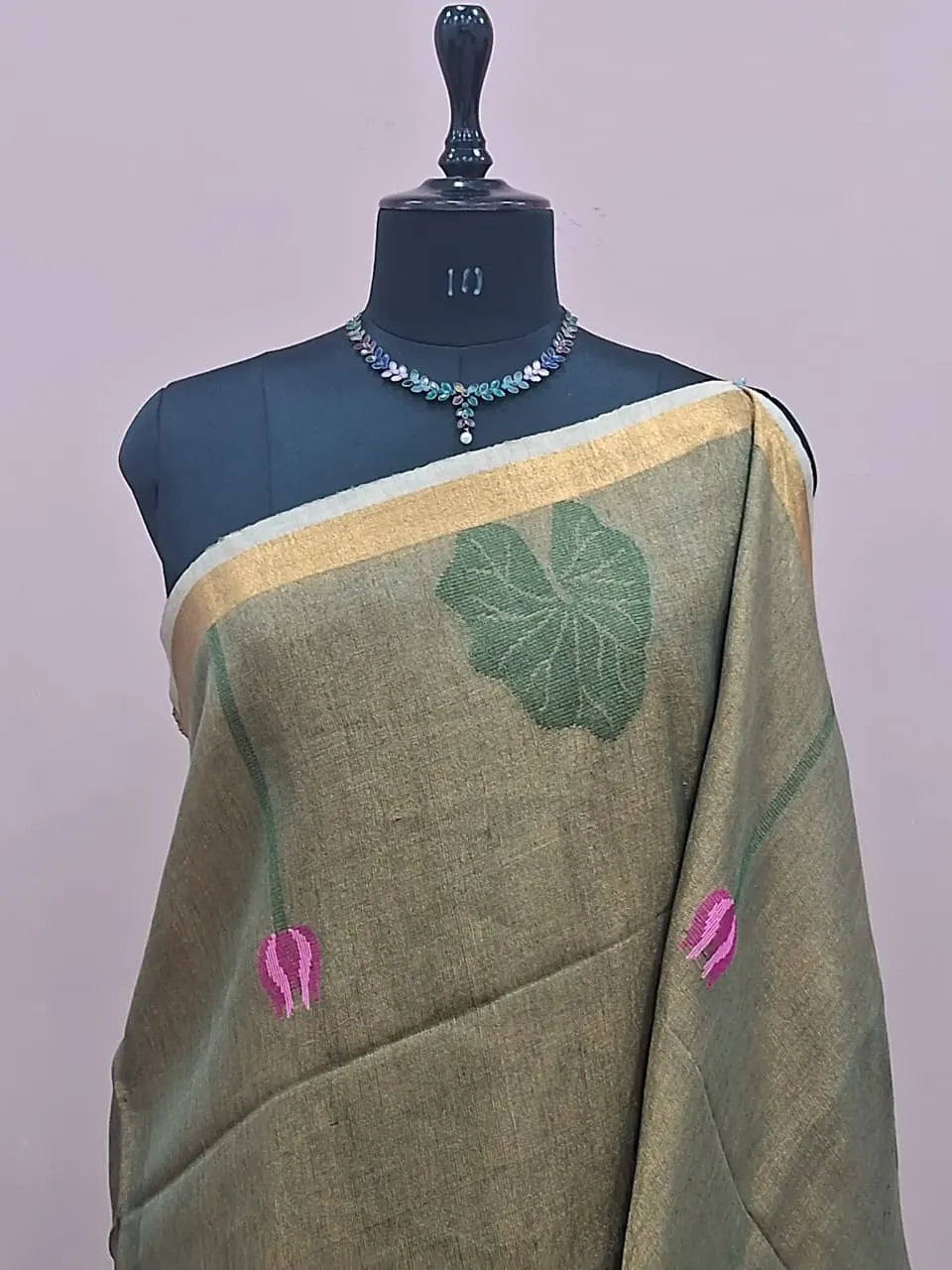 Leaf Green Tissue Linen Saree 1